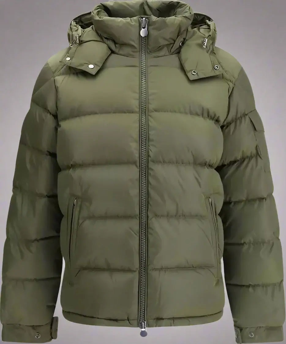 Green puffer jacket with a hood on a white background