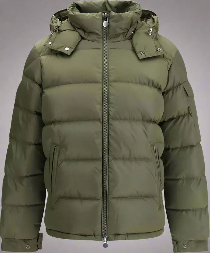 Green puffer jacket with a hood on a white background