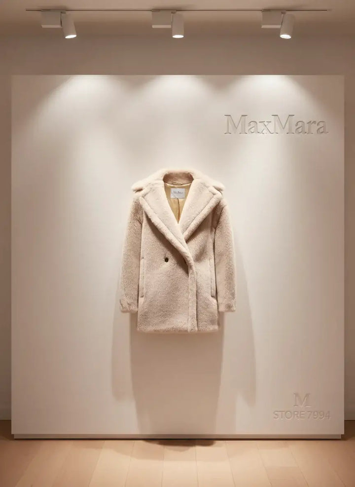 Beige sherpa coat with a white collar on a white background