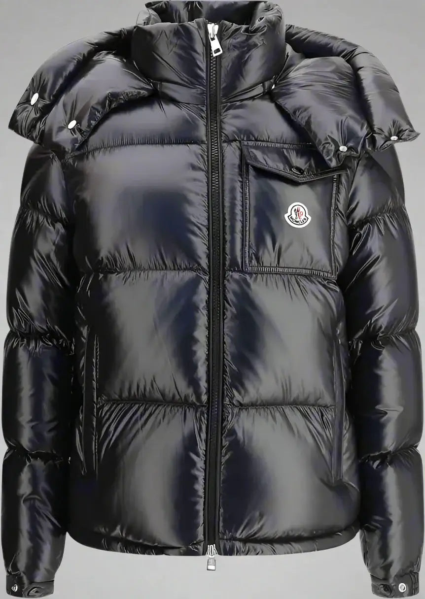 Black puffer jacket with brand logo on a white background