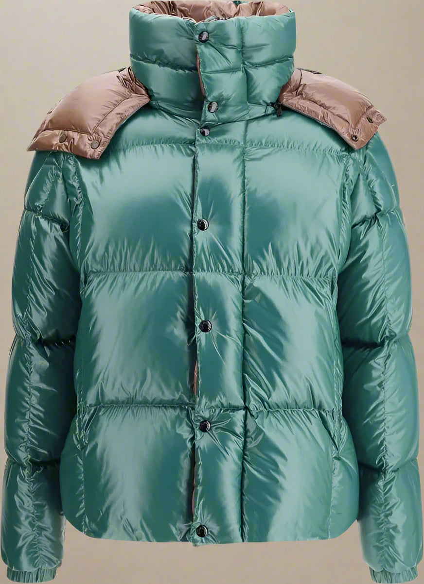 Green puffer jacket with brown hood on a white background