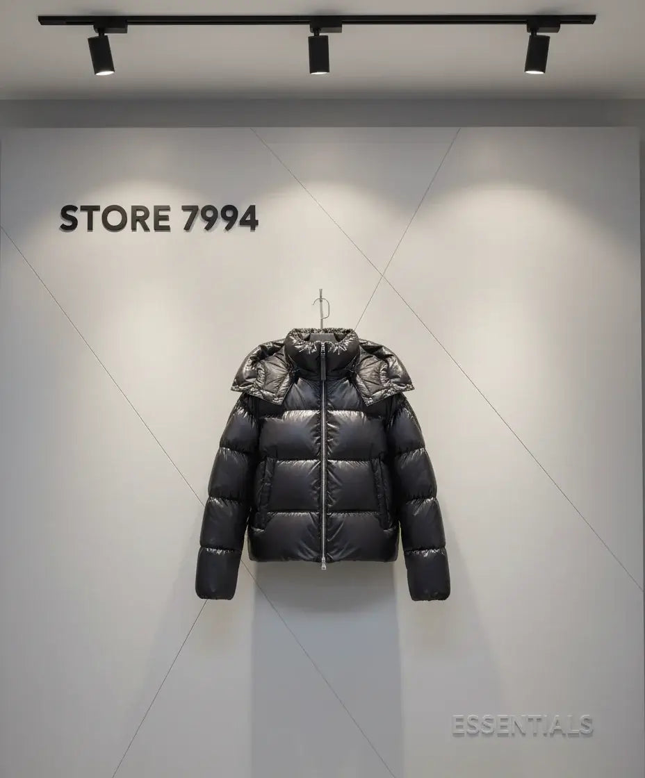 Black puffer jacket with a hood on a white background