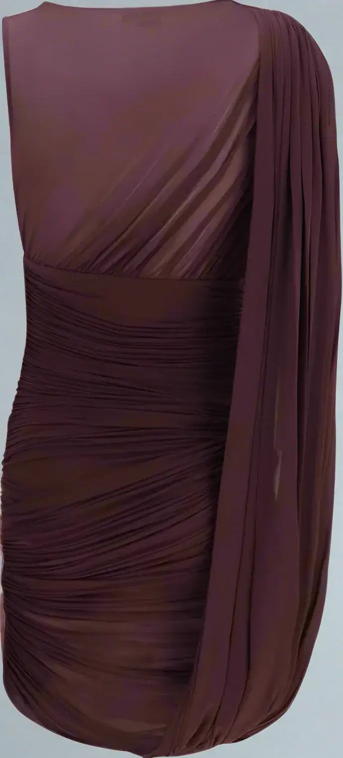 Burgundy dress with draped design on a plain background