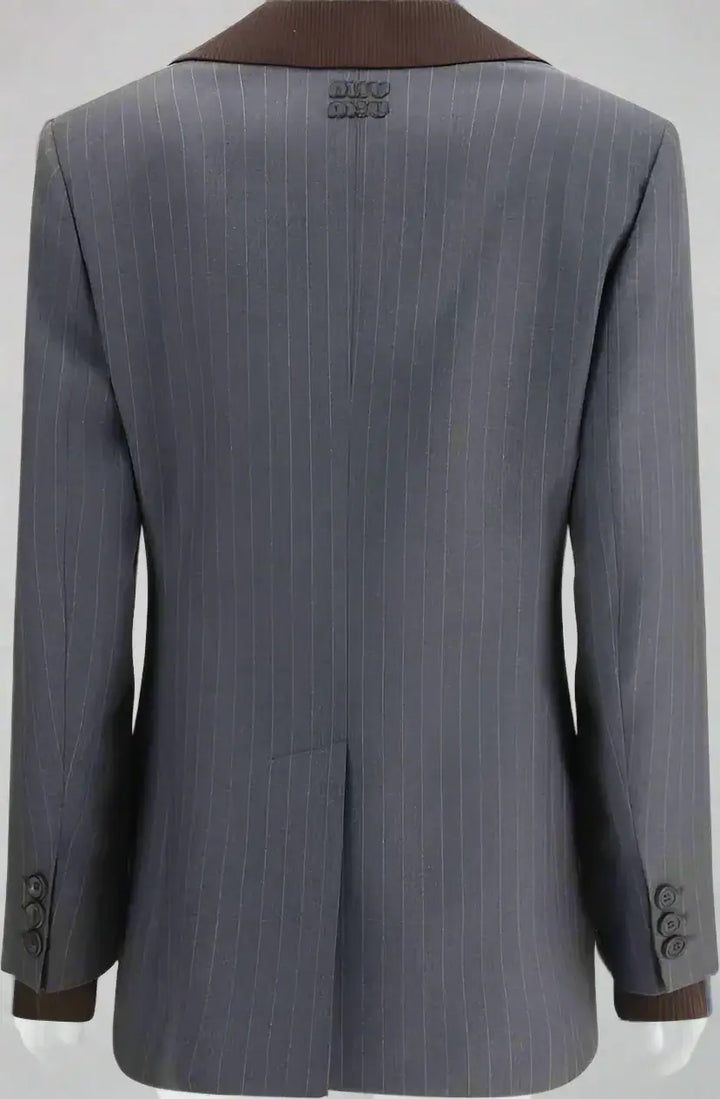 Gray pinstripe suit jacket with brown trim on a white background