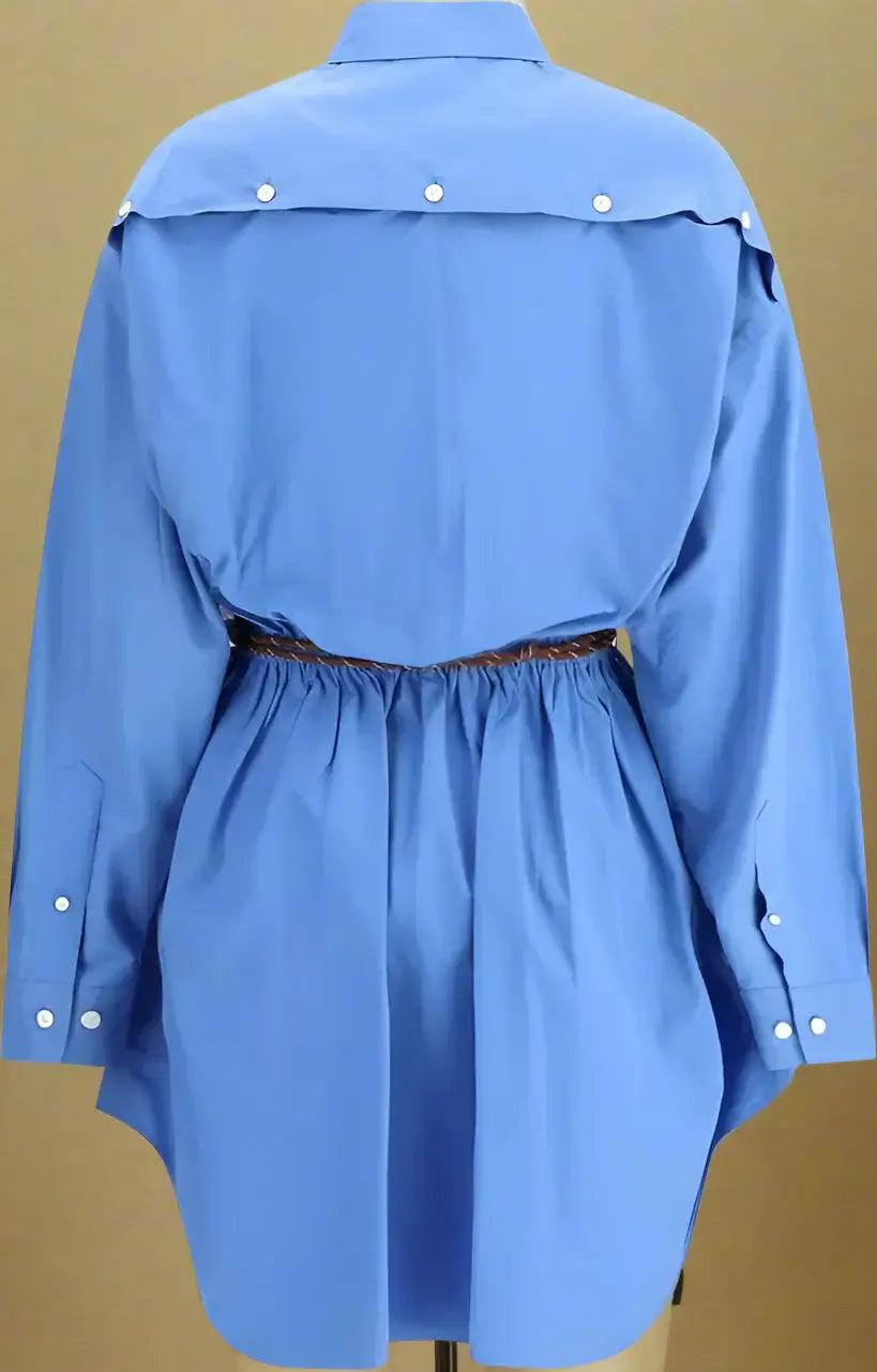 MIU MIU blue Chemisier Dress with white button ups and brown leather belt