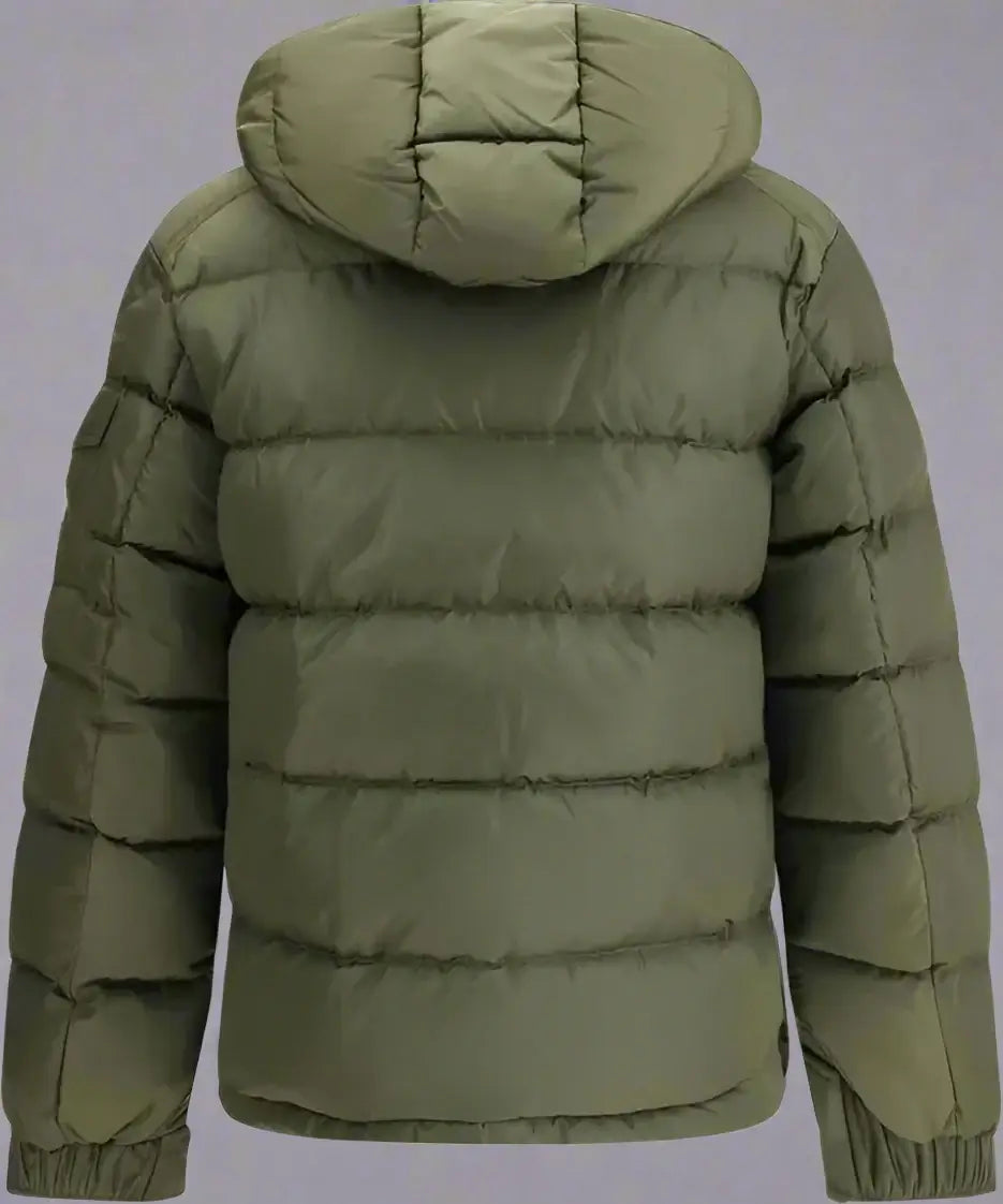 Green puffer jacket with a hood on a white background