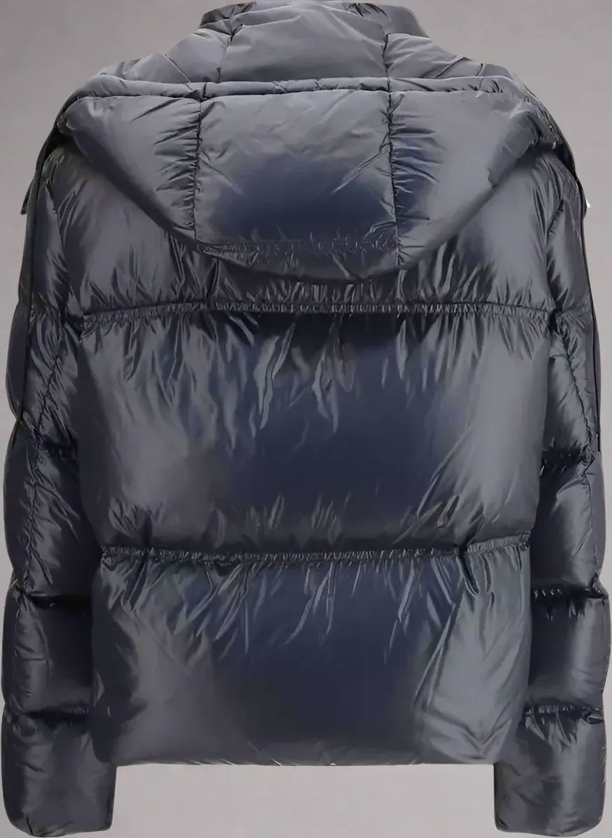 Dark blue puffer jacket on a white background