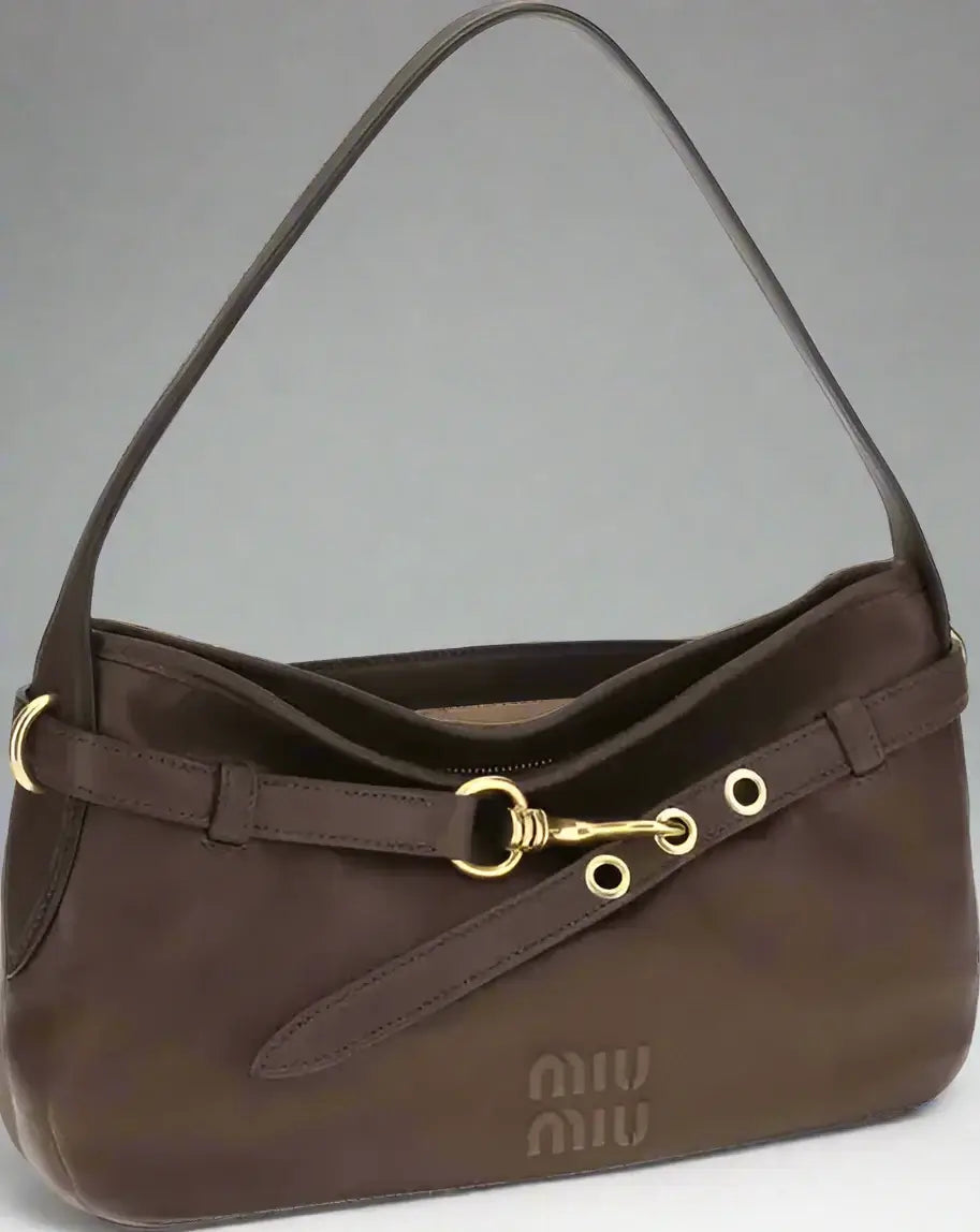 Brown handbag with gold accents on a white background