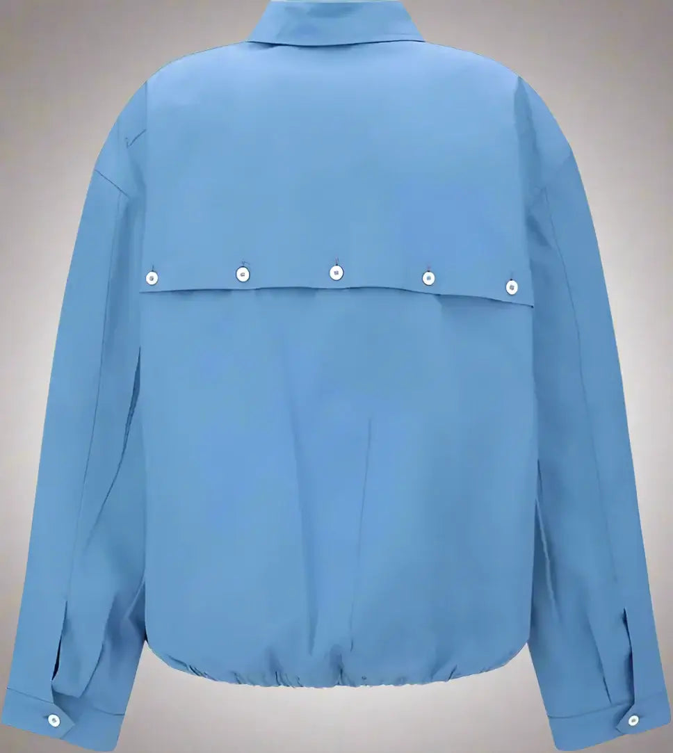 Blue jacket with button details on a white background