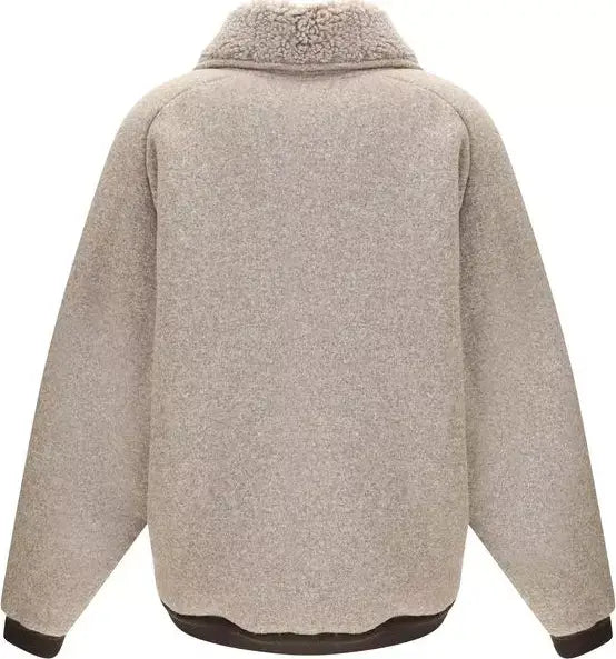 Beige fleece jacket with a white background