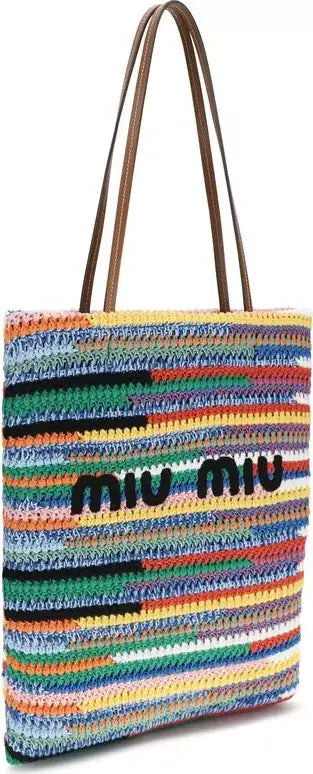 Multicolored striped bag with 'Miu Miu' logo on a white background