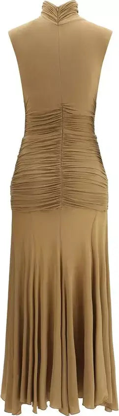 Beige halter neck dress with pleated design