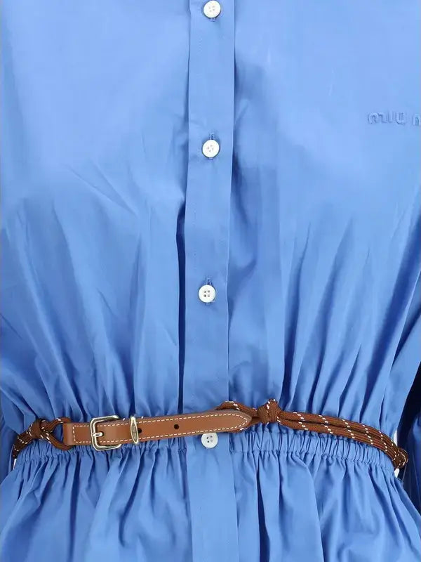 MIU MIU blue Chemisier Dress with white button ups and brown leather belt