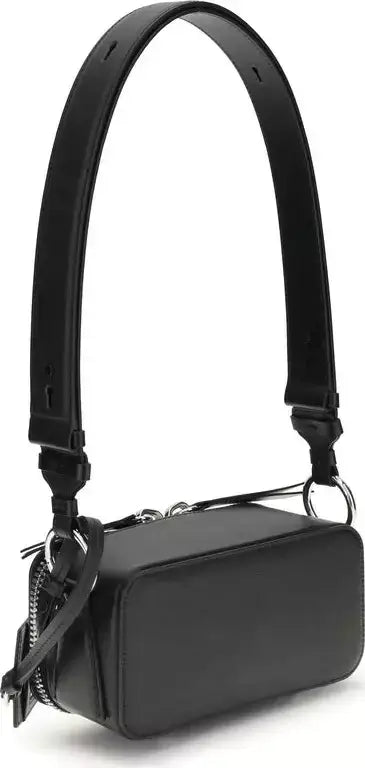 Black handbag with a strap on a white background
