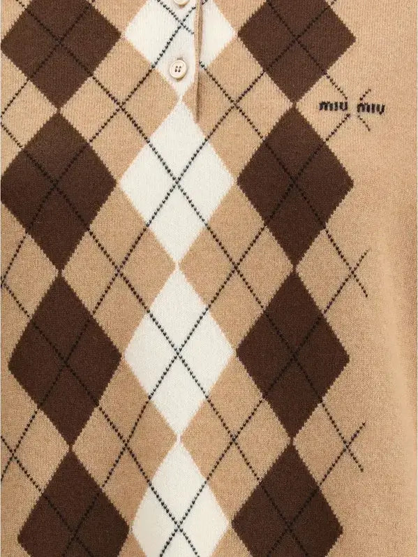 Argyle patterned shirt with brown and beige diamonds on a beige background, featuring the Miu Miu logo.