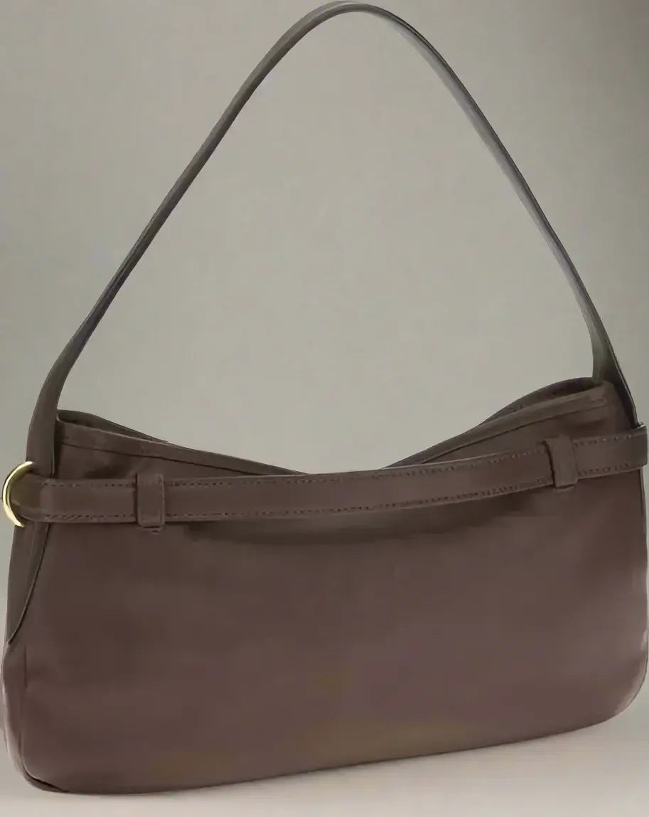 Brown handbag with a strap on a white background