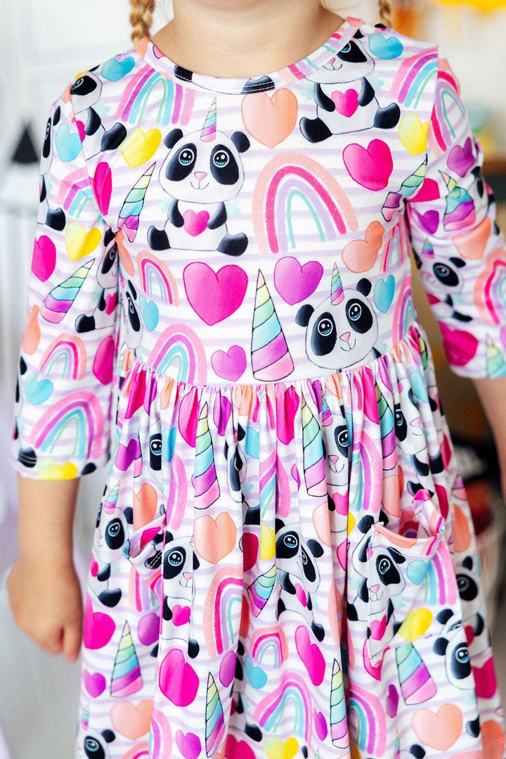Peace, Love &amp; Pandacorns 3/4 Sleeve Pocket Twirl Dress
