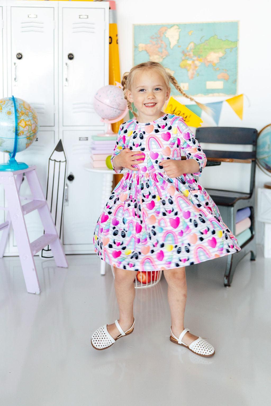 Peace, Love &amp; Pandacorns 3/4 Sleeve Pocket Twirl Dress