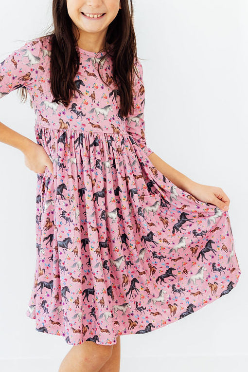 Petals &amp; Ponies 3/4 Sleeve Pocket Twirl Dress