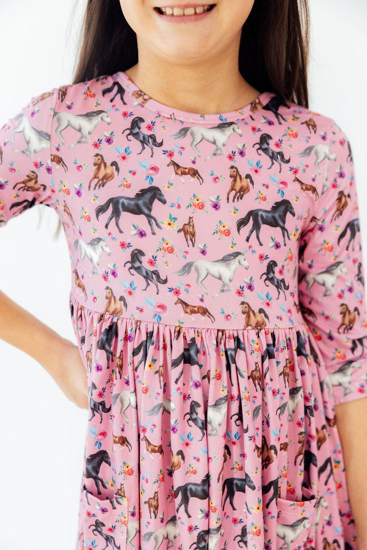 Petals &amp; Ponies 3/4 Sleeve Pocket Twirl Dress