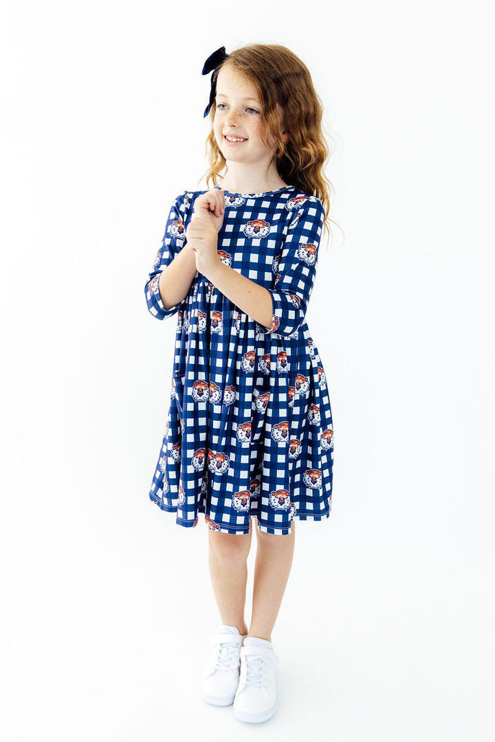 Auburn Plaid Aubie 3/4 Sleeve Pocket Twirl Dress