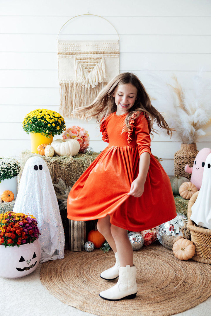 Pumpkin Spice Velvet Ruffle Twirl Dress