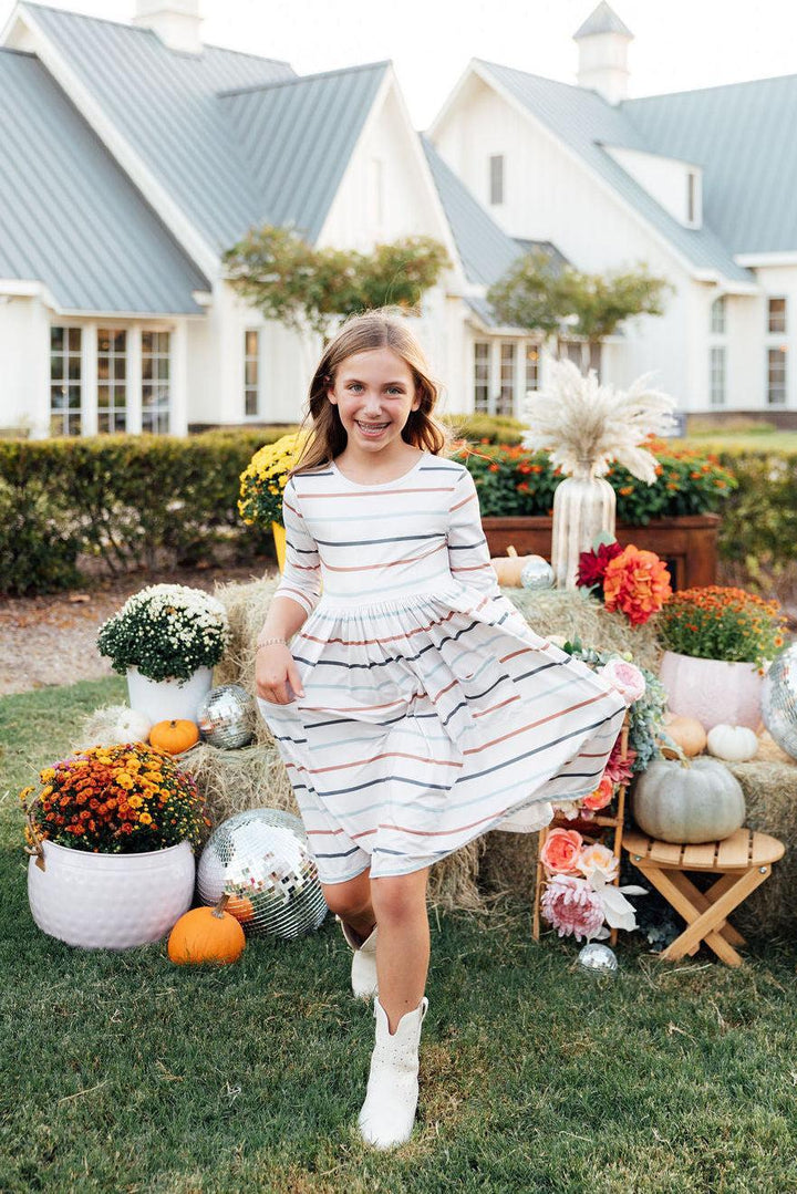 Fall Stripes 3/4 Sleeve Pocket Twirl Dress