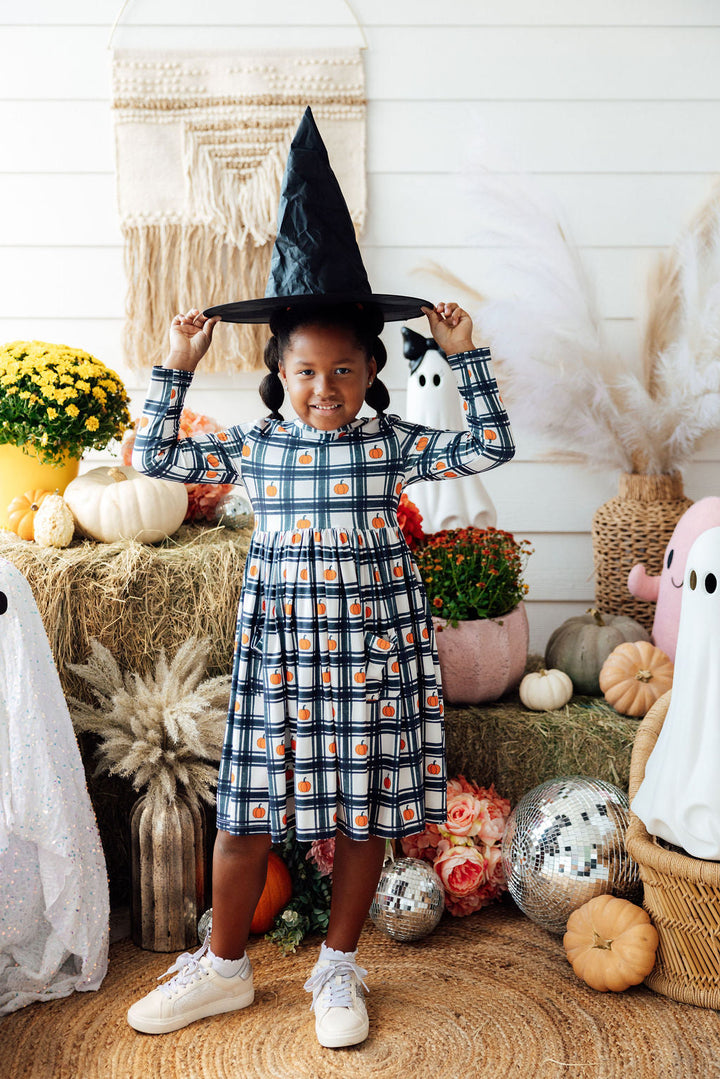 Plaid Pumpkins L/S Pocket Twirl Dress