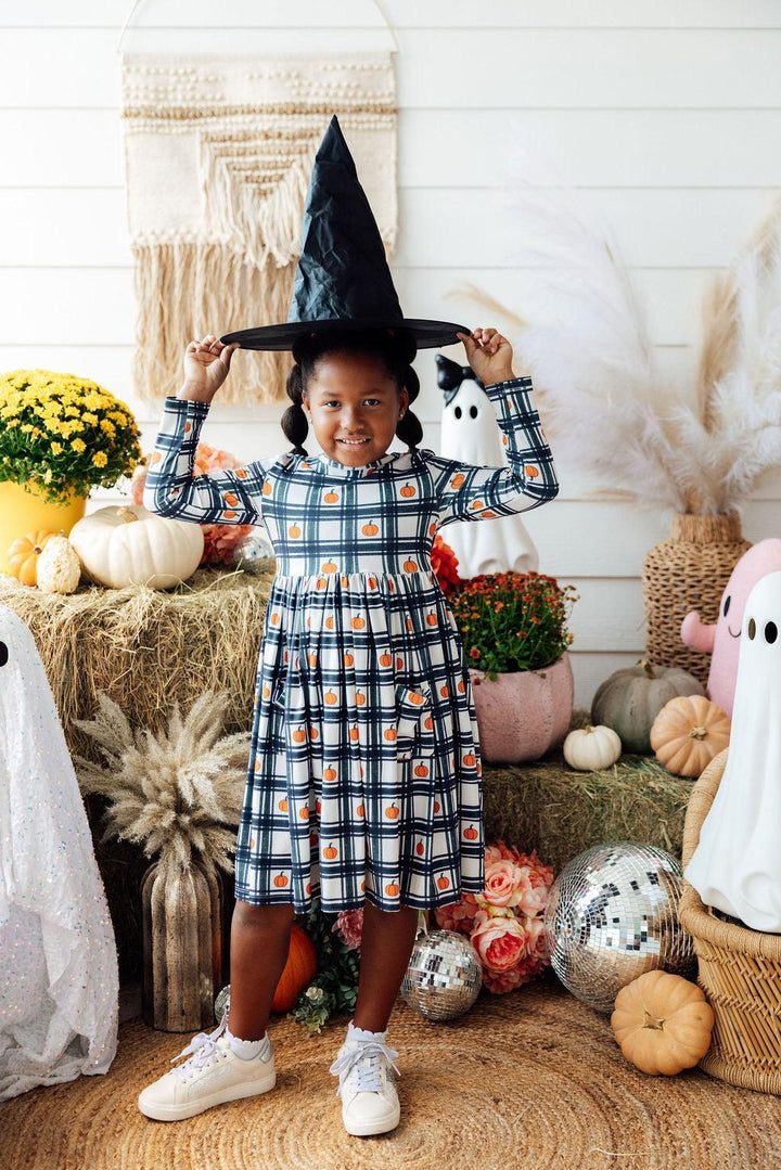 Plaid Pumpkins L/S Pocket Twirl Dress