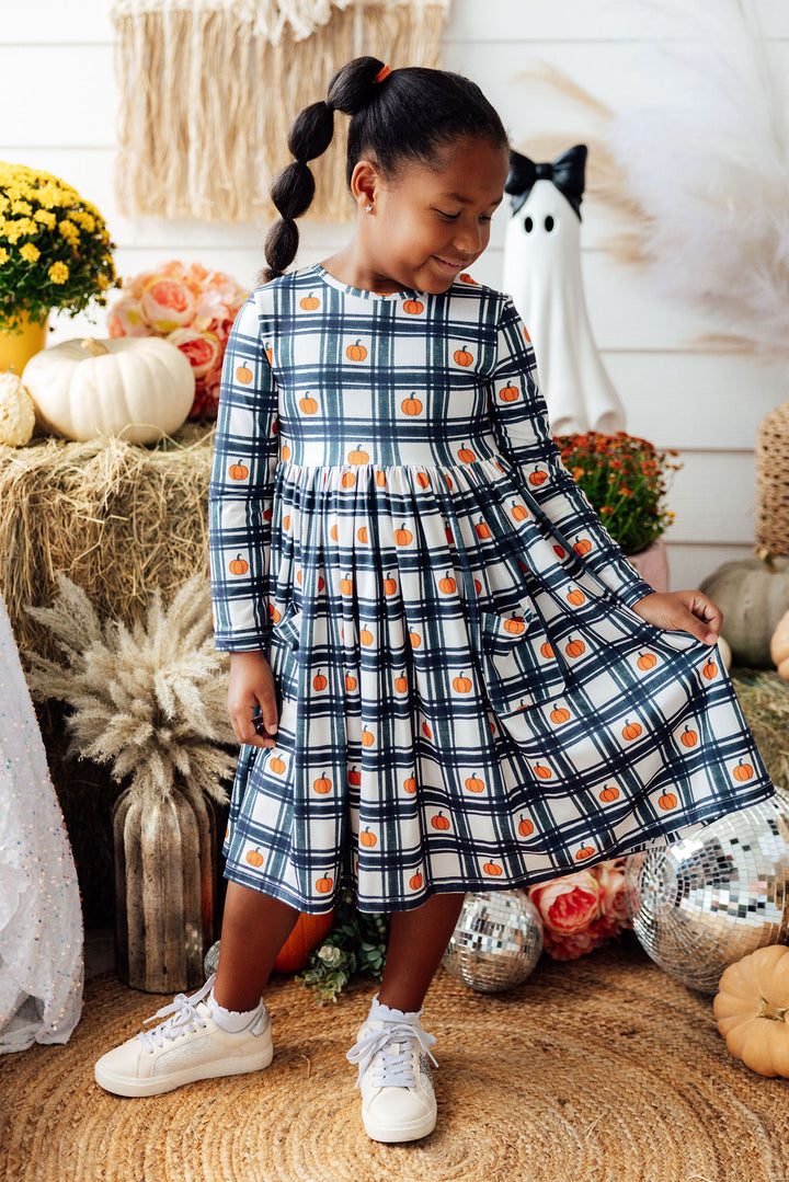 Plaid Pumpkins L/S Pocket Twirl Dress