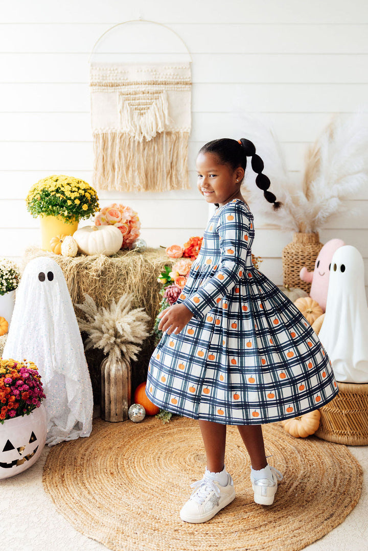 Plaid Pumpkins L/S Pocket Twirl Dress