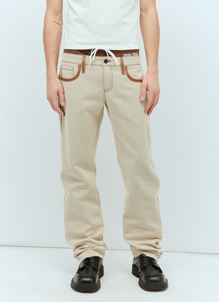 Miu Miu Men Leather Trim Canvas Pants
