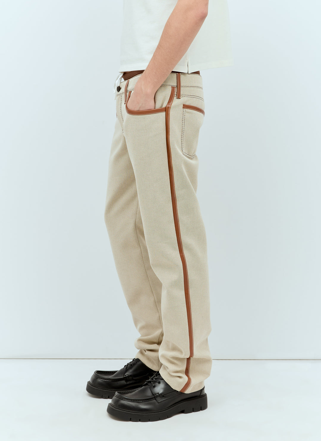 Miu Miu Men Leather Trim Canvas Pants