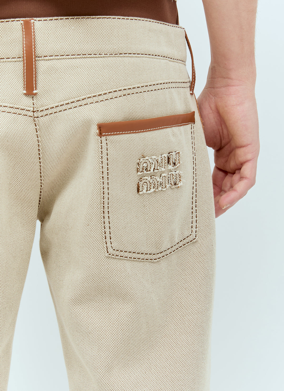 Miu Miu Men Leather Trim Canvas Pants