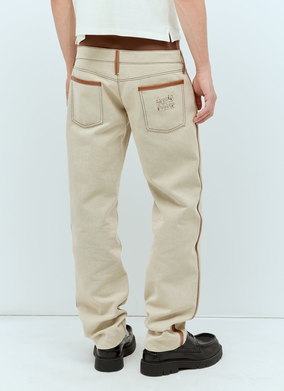 Miu Miu Men Leather Trim Canvas Pants