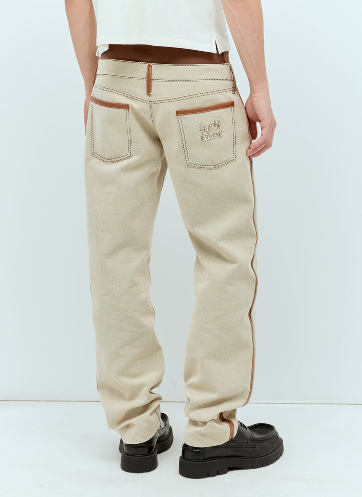 Miu Miu Men Leather Trim Canvas Pants