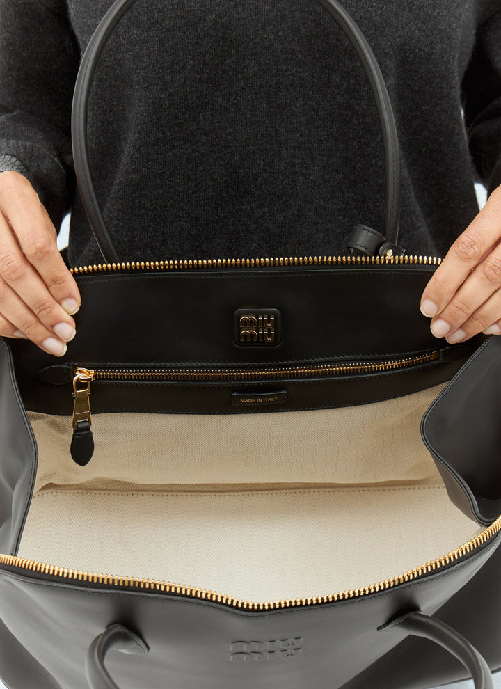 Miu Miu Women Logo Embossed Leather Handbag