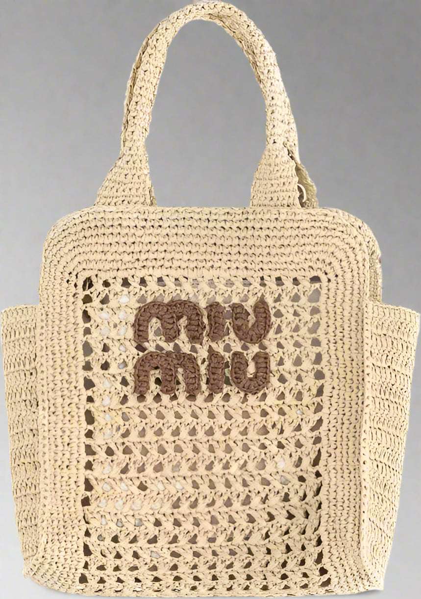 Miu Miu Raffia Handbag with perforated design and front logo