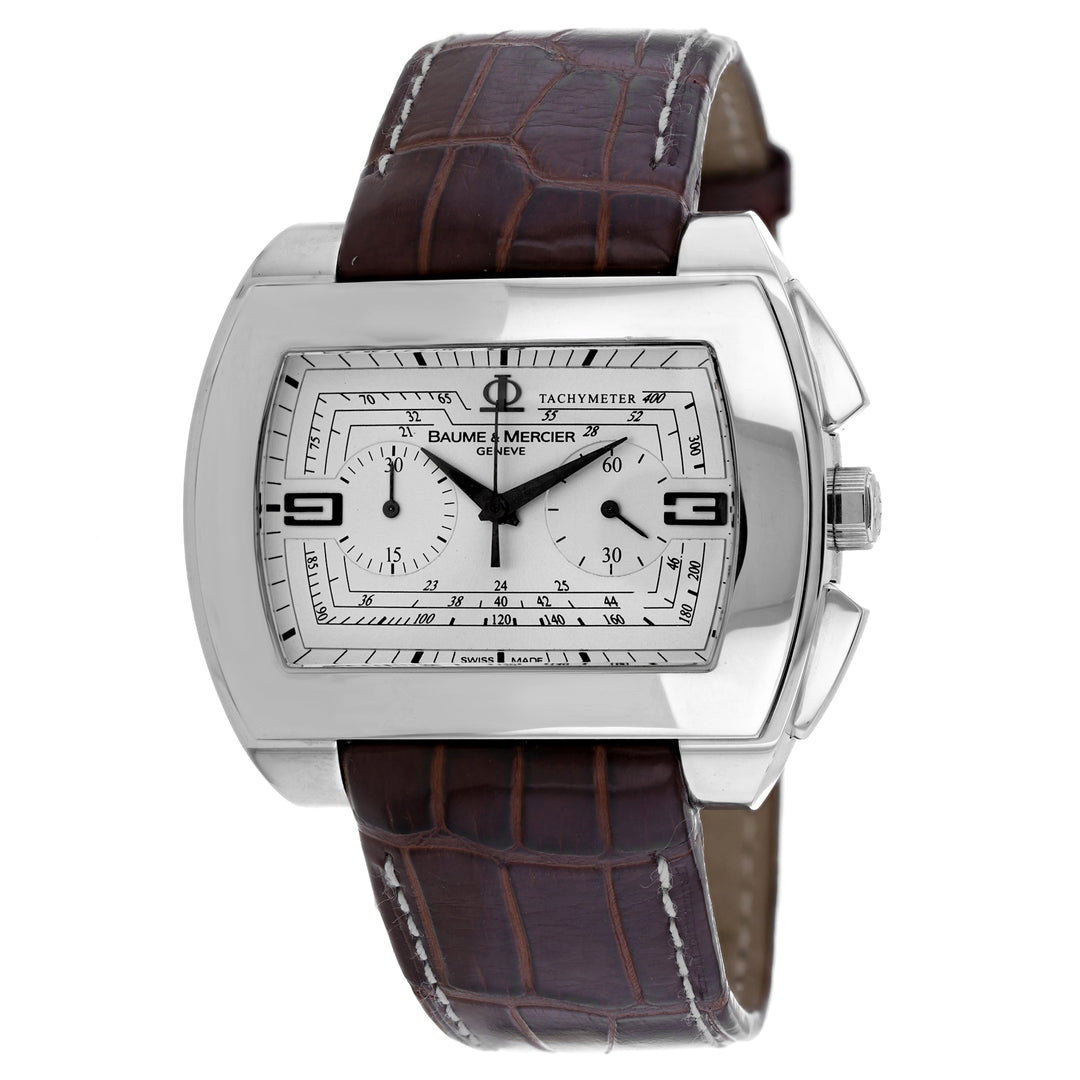 Baume & Mercier Watch with brown leather strap and silver case on white background