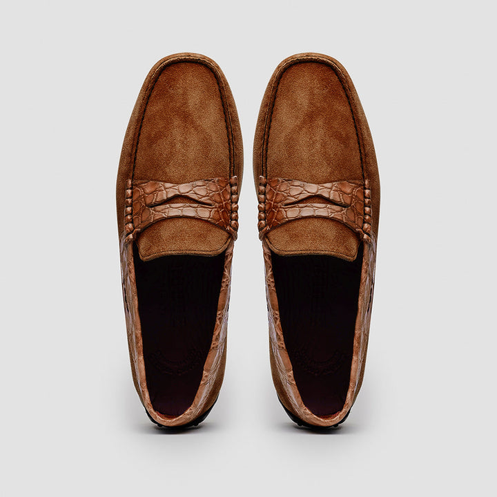 31-160-CGN MONZA Sueded Calfskin with Crocodile Driver, Cognac
