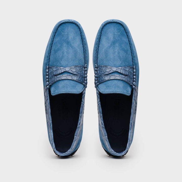 31-160-DNM MONZA Sueded Calfskin with Crocodile Driver Denim