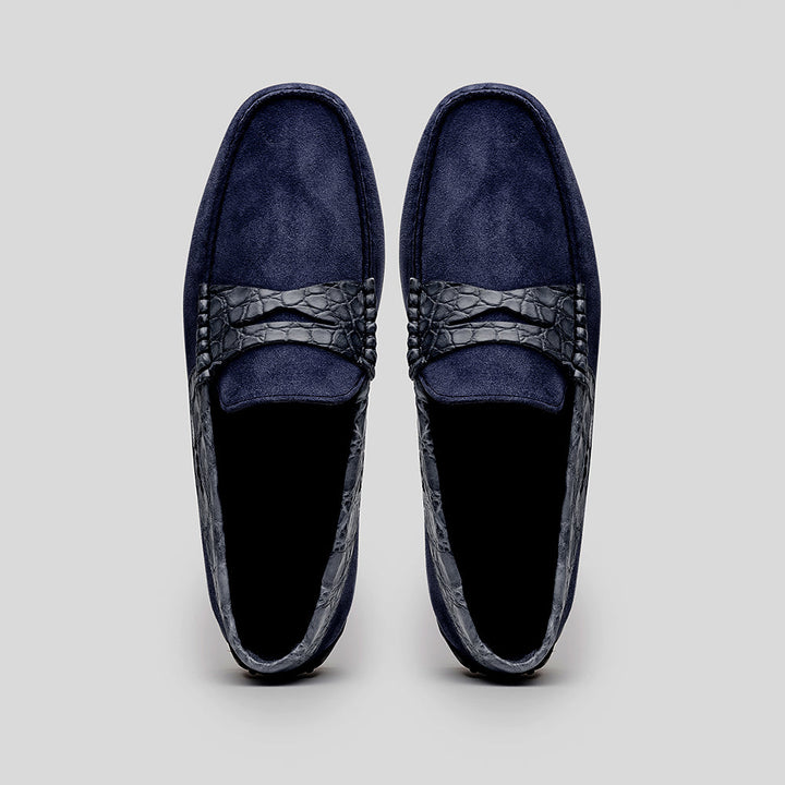 31-160-NVY MONZA Sueded Calfskin with Crocodile Driver, Navy