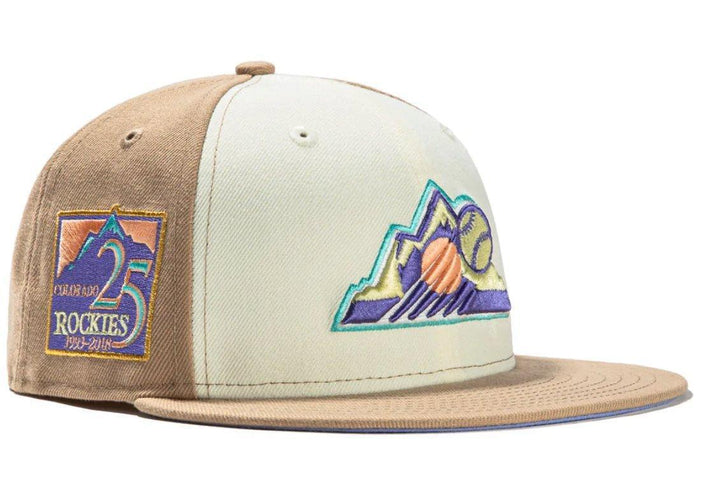 New Era 59 Fifty Sugar Shack 2.0 Colorado Rockies 25th Anniversary Patch BP Rail Hat - White, Tan, Lavender