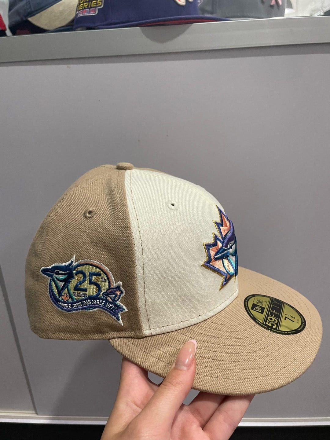 New Era 59 Fifty Sugar Shack 2.0 Toronto Blue Jays 25th Anniversary Patch Rail Hat - White, Tan, Lavender