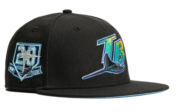 New Era 59 Fifty Tampa Bay Rays 20th Anniversary Patch Icy UV Hat - Black, Light Blue