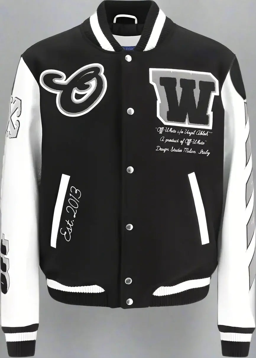 Off-White men's black & white Leather and wool Varsity Bomber