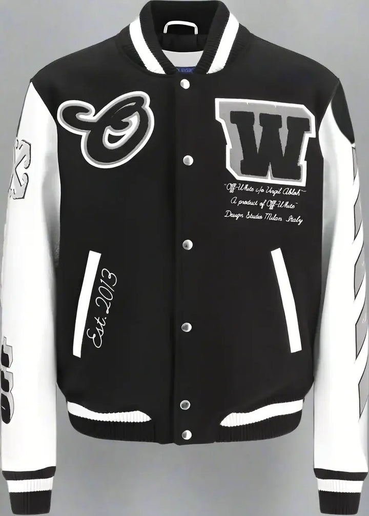 Off-White men's black & white Leather and wool Varsity Bomber