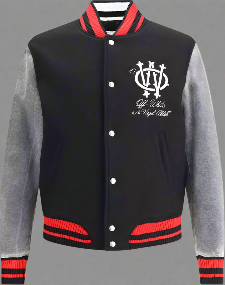 Black and gray varsity jacket with red accents and a logo on a white background