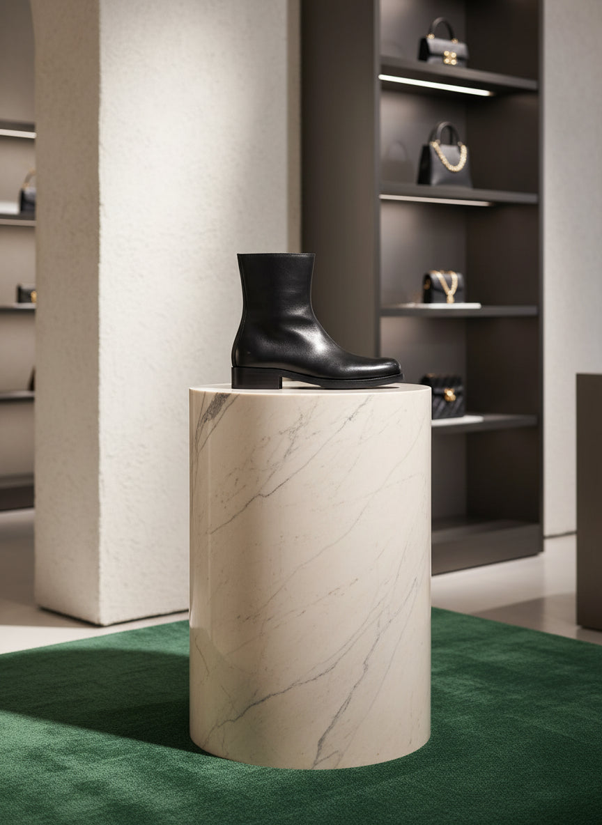 Black leather ankle boot on a light gray background