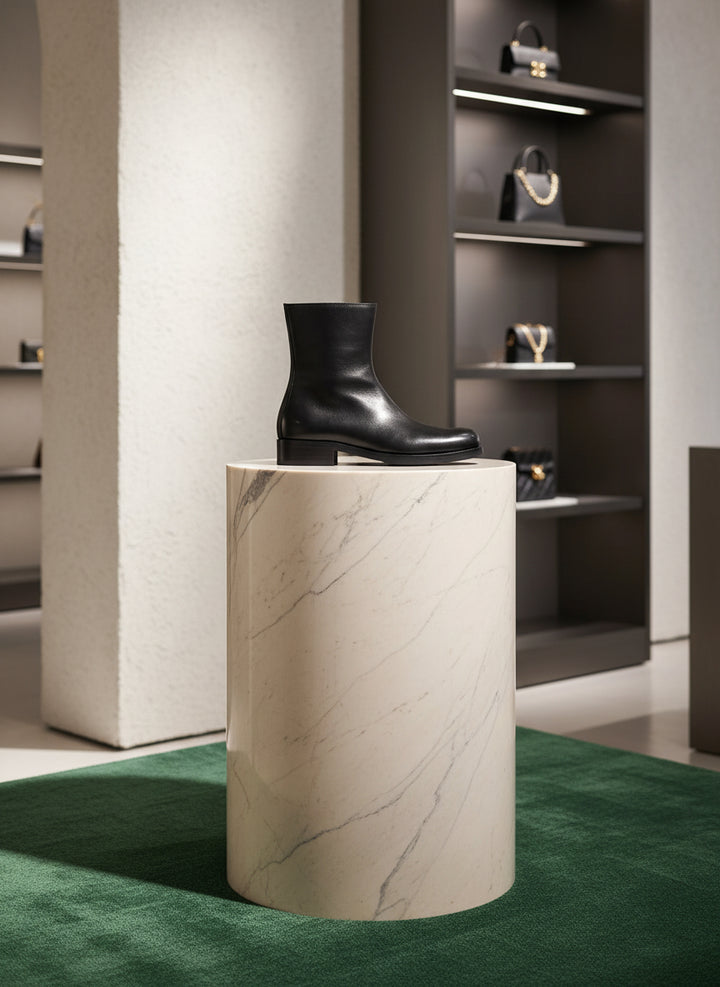 Black leather ankle boot on a light gray background